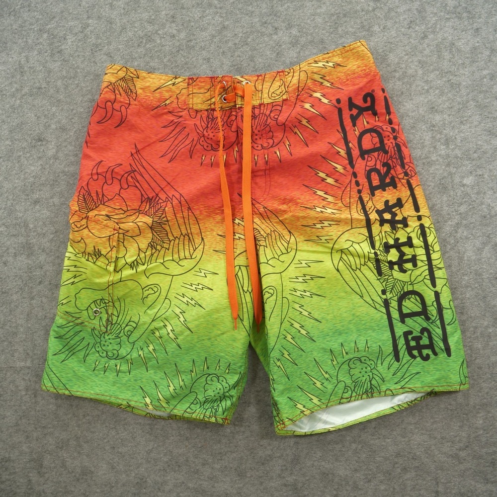 Vintage Ed Hardy Board Shorts Mens 32 Green Orange Swim Surf Trunks Y2K